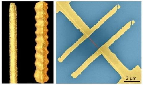 На левом изображении слева проволока из полупроводника, а справа Z-образная прволока с металлическими свойствами. На правом изображении эта же нанопроволока между золотыми контактами.