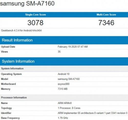 Samsung Galaxy A71 с процессором Exynos 980 протестировали в Geekbench